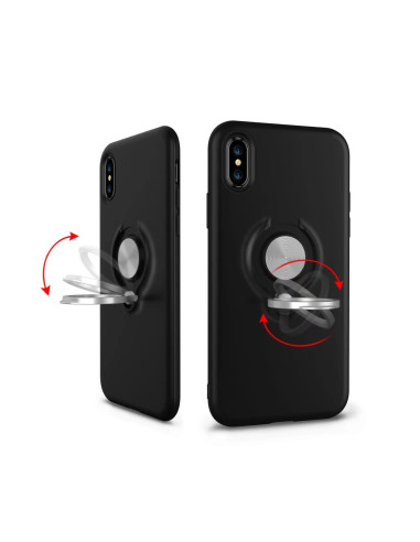 Mattsvart iPhone XS skal med ringhållare, visat från baksidan med ringhållaren i olika lägen