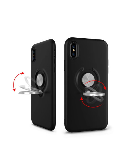 Mattsvart iPhone XS skal med ringhållare, visat från baksidan med ringhållaren i olika lägen