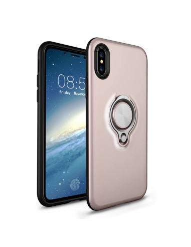Mattsvart iPhone XS skal med ringhållare, visat framifrån med telefonen i skalet
