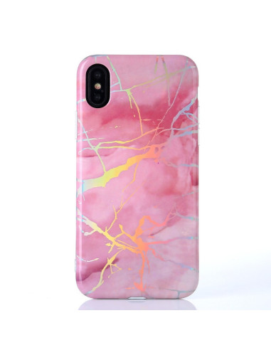 iPhone XS marmorskal i rosa med guldiga ådror, sett framifrån