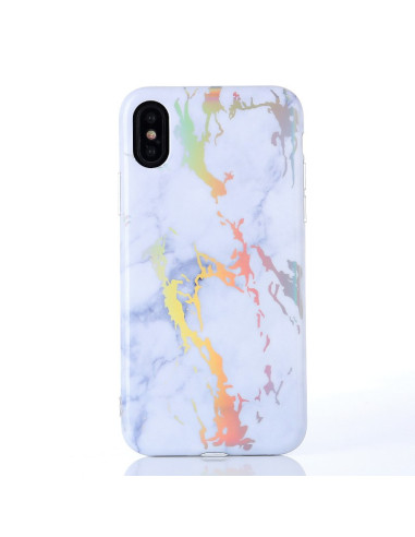 Baksidan av iPhone XS marmorskal med färgglada marmorådror på vit bakgrund