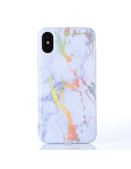 Baksidan av iPhone XS marmorskal med färgglada marmorådror på vit bakgrund