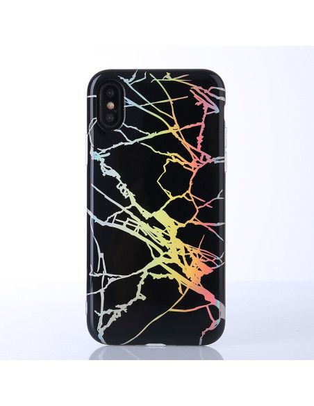 iPhone XS marmorskal med färgglada ådror på svart bakgrund, sett från sidan