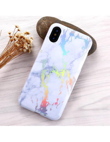 iPhone XS marmorskal i vitt med regnbågsfärgade ådror, sett från baksidan