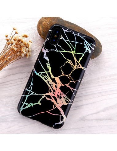 iPhone XS marmorskal med färgglada ådror på svart bakgrund, sett ovanifrån