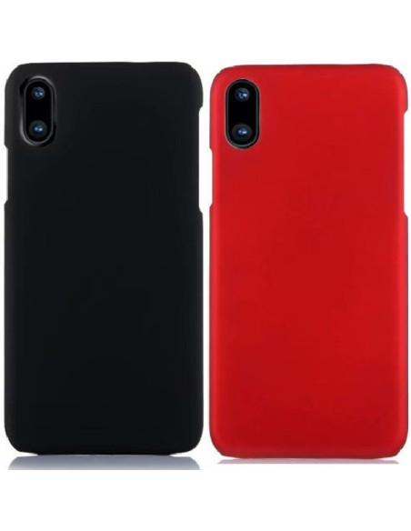 Mattsvart gummibelagt skal för iPhone XS, sett framifrån med en röd variant bredvid