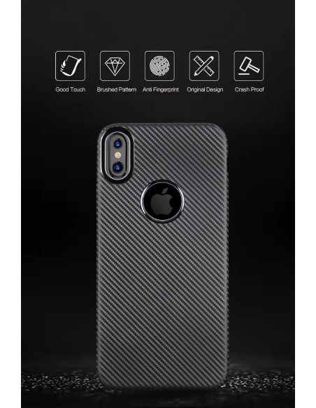 iPhone XS Max FullCarbon V2-skal i kolfiber, visad bakifrån med detaljerad textur