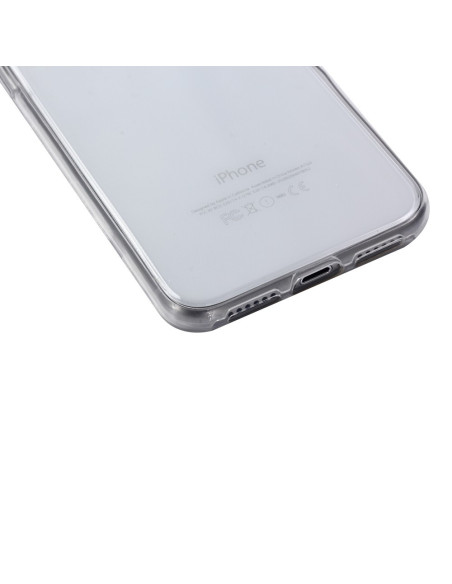 Närbild av transparent silikonfodral för iPhone XS Max med fokus på botten och portarna