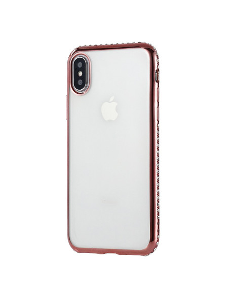 iPhone XS Max skal med strassdetaljer, visat från sidan med en rosa kant