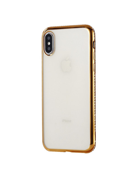 iPhone XS Max skal med strassdetaljer, visat bakifrån med guldkant