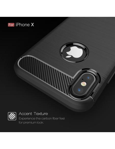 Närbild av svart stöttåligt skal för iPhone XS Max med kolfiberlook och öppning för kameran
