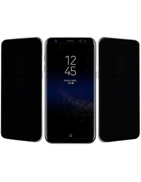 Samsung S9 Plus med Privacy FullFrame härdat glas, visat framifrån och från sidorna
