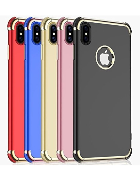 iPhone XS Max skal i svart med guldiga hörn, visat från sidan bland färgade varianter