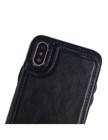 Detaljvy av svart iPhone XS skal med korthållare, fokus på baksidan och kamerautskärning