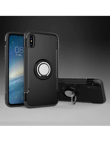 Svart stöttåligt skal för iPhone XR med ringhållare, visat från sidan och baksidan