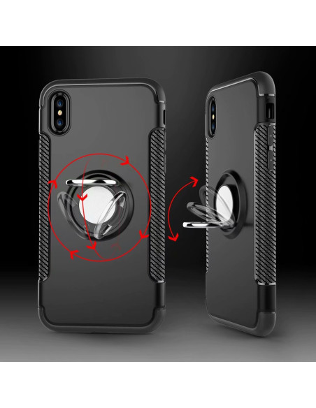 Svart iPhone XR skal med ringhållare, visat från sidan med fokus på ringens funktion