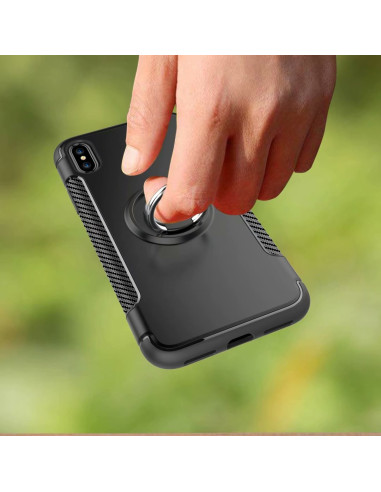 Svart iPhone XR skal med ringhållare, hålls i handen för bättre grepp