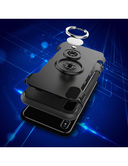 Svart iPhone XR skal med ringhållare, visat i lager med detaljerad vy av ringens fäste