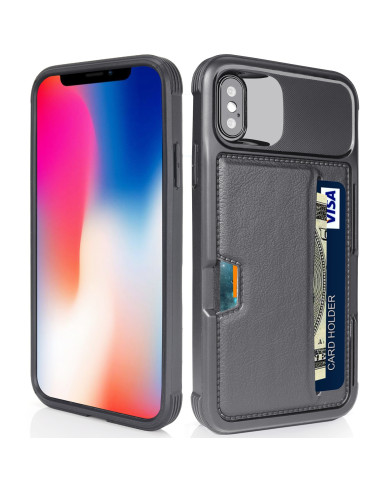 Svart stöttåligt skal för iPhone XR med kortfack, sett från sidan med kort synligt