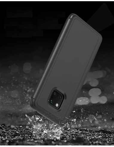 Svart flipfodral för Mate 20 Pro med kickstand, visad i en dramatisk miljö