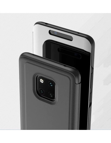 Närbild av Mate 20 Pro i svart flipfodral med halvgenomskinlig baksida