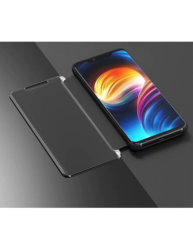 Mate 20 Pro flipfodral i svart med öppet lock, visad från sidan med telefonen inuti