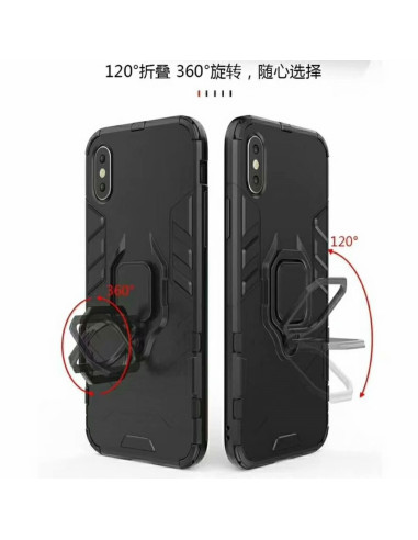 Svart stöttåligt skal för iPhone XR med ringhållare, visat från baksidan och sidan