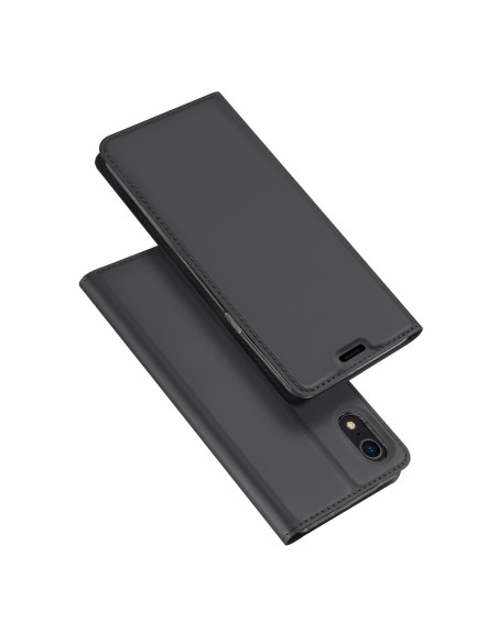 Svart flipfodral för iPhone XR med öppet lock, sett från sidan