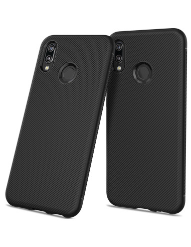 Svart stöttåligt skal för Huawei P20 Lite med karbonfiber-look, sett från sidan