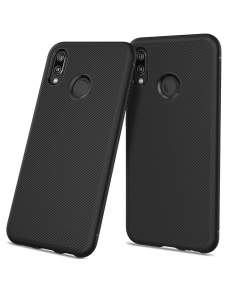 Svart stöttåligt skal för Huawei P20 Lite med karbonfiber-look, sett från sidan