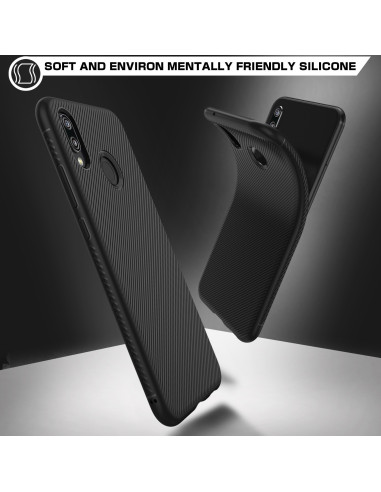 Svart TPU-skal för Huawei P20 Lite med ribbad yta, sett från framsidan och sidan