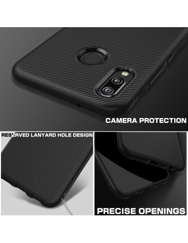 Detaljvy av Huawei P20 Lite skal med kameraöppning och lanyard-hål, sett från sidan