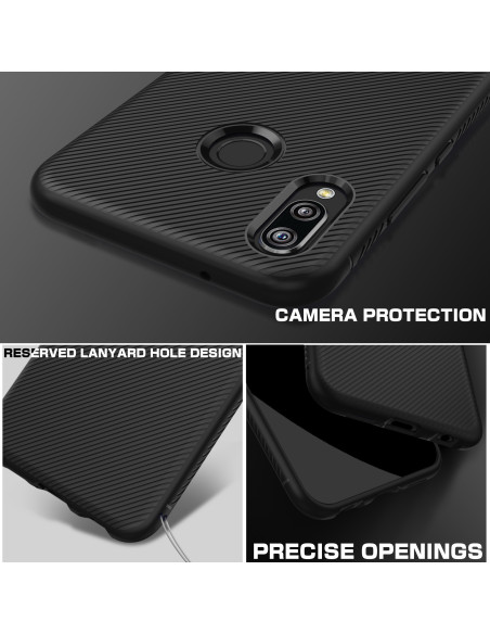 Detaljvy av Huawei P20 Lite skal med kameraöppning och lanyard-hål, sett från sidan
