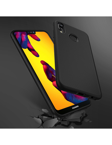 Svart stöttåligt skal för Huawei P20 Lite, monterat på telefon med ribbad yta, sett snett framifrån