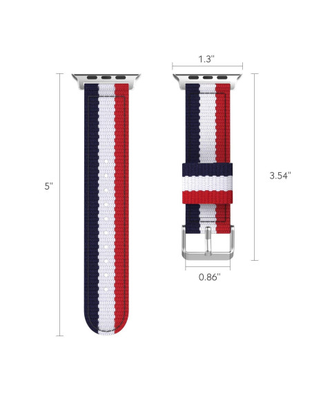 Nato armband i blått, rött och vitt för Apple Watch, visat framifrån med måttangivelser