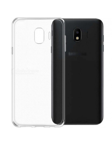 Transparent stöttåligt skal för Samsung J4 Plus, sett från sidan med telefonen bakom