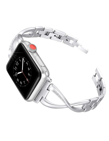 Silverfärgat armband i rostfritt stål med strass, monterat på en Apple Watch från sidan