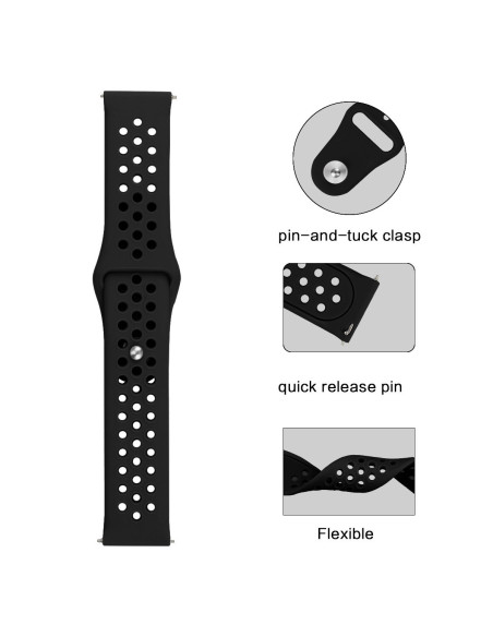 Detaljvy av svart silikonarmband med ventilationshål och spänne