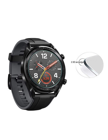 Sidovy av Huawei Watch GT 46mm med härdat glas, visar detalj av skärmens rundade kanter