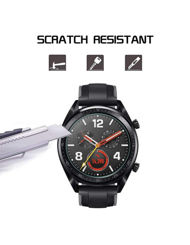 Framifrån vy av Huawei Watch GT 46mm med härdat glas, visar skärmens skydd mot repor