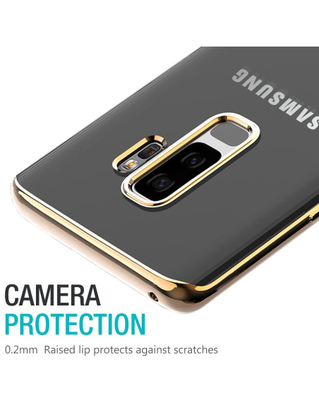 Detaljvy av rosenguldfärgat mjukt skal för Samsung A7 2018 med fokus på kameraskyddet