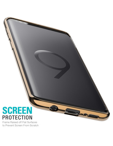 Närbild av rosenguldfärgat mjukt skal för Samsung A7 2018, med fokus på kanterna och portarna