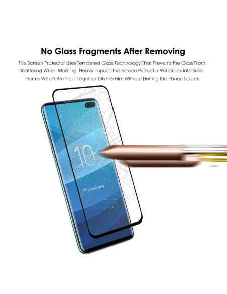 Samsung S10 Plus skärmskydd i härdat glas, visat med en penna som demonstrerar repmotstånd