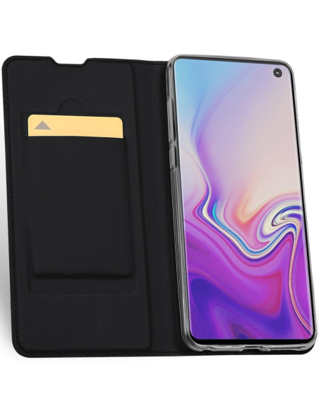 Svart flipfodral för Samsung S10 Plus med öppet kortfack och telefon monterad
