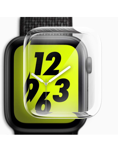Framifrån vy av Apple Watch 44mm med 3D härdat glas, visar skärmen och skyddet tydligt