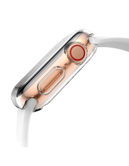 Sidan av transparent TPU-skal för Apple Watch 42mm, med fokus på knappar och krona