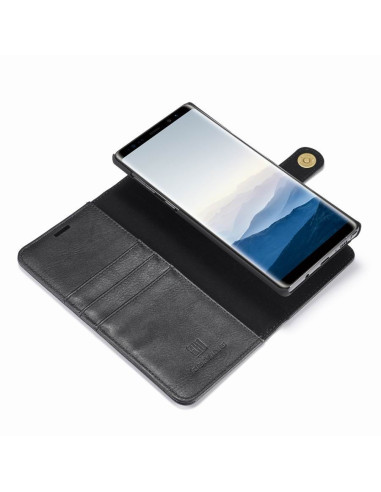 Öppen mobilplånbok i svart konstläder med Samsung Note 9 monterad och kortplatser synliga