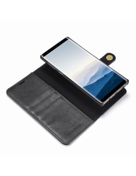 Öppen mobilplånbok i svart konstläder med Samsung Note 9 monterad och kortplatser synliga