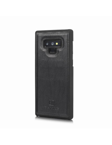 Mobilplånbok i svart konstläder med Samsung Note 9 monterad bakifrån, detaljerad vy av materialet