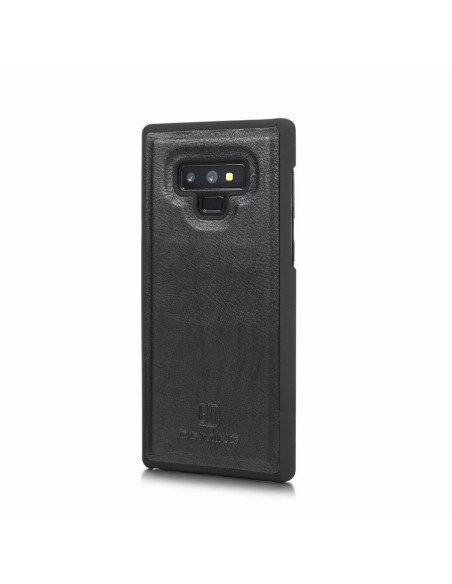 Mobilplånbok i svart konstläder med Samsung Note 9 monterad bakifrån, detaljerad vy av materialet